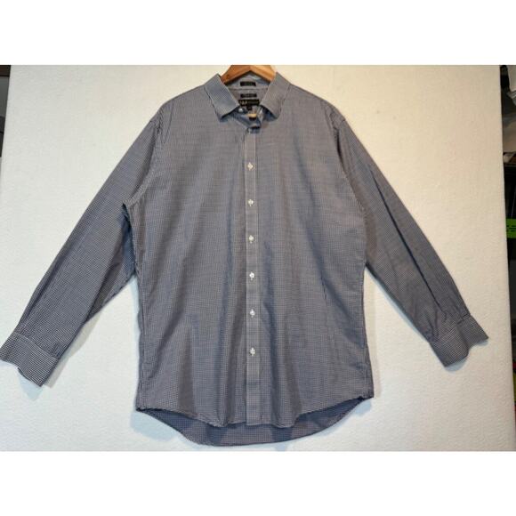 Neiman Marcus Mens Large Blue White Plaid Trim Fit Button Up Shirt 17 34/35 - Picture 1 of 11